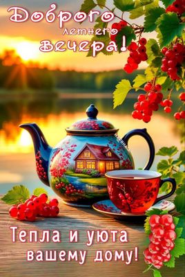 Открытка «Добрый вечер и пожелания»: Добрый вечер: летний уют, чай и красная смородина. Тэги: Доброго летнего вечера…