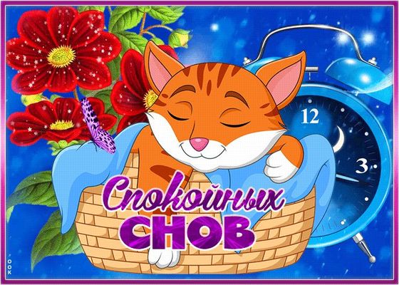 Открытка «Доброй ночи»: Спокойной ночи: Кот в корзине приносит добрые сны. Тэги: Спокойной ночи, Спокойной ночи…