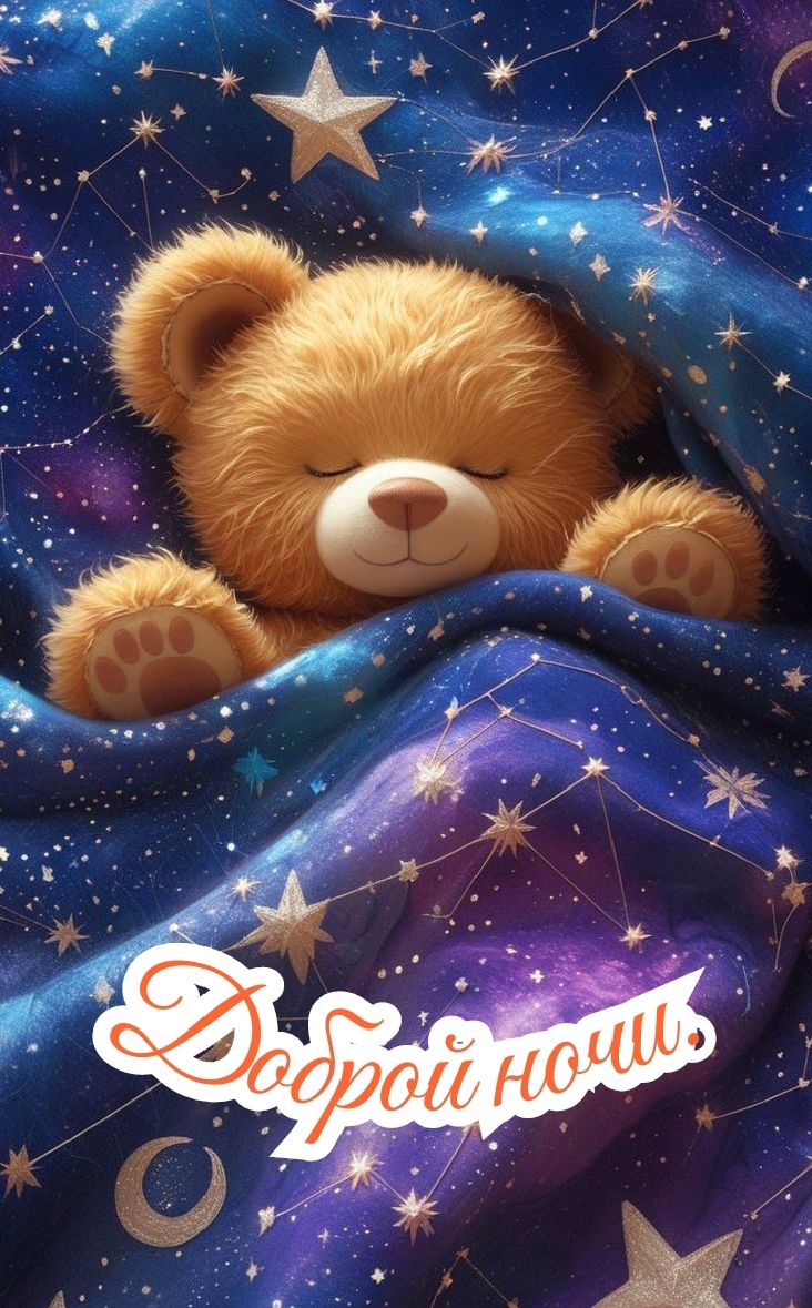 Открытка «Доброй ночи»: Доброй ночи: «Сонный мишка под звездным одеялом». Тэги: Спокойной ночи, Спокойной ночи…