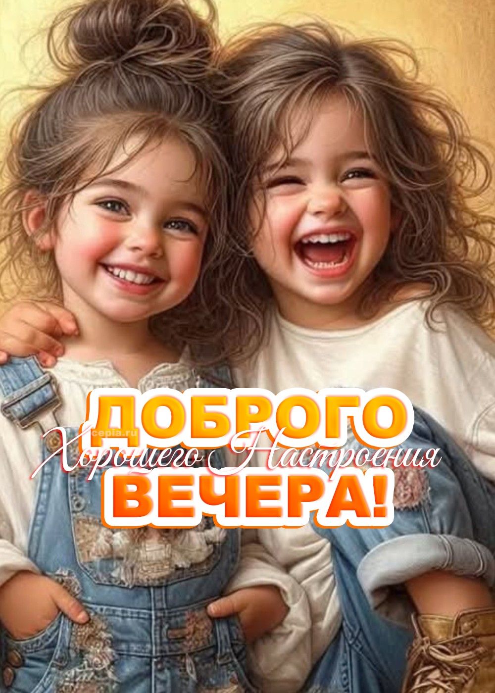 Открытка «Добрый вечер и пожелания»: Добрый вечер и хорошего настроения! Милые дети. Тэги: Добрый позитивный вечер…