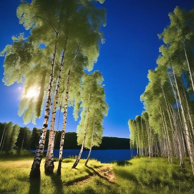 Открытка «Доброй ночи»: Спокойной ночи: красивое «Лунное сияние» в березовой роще.