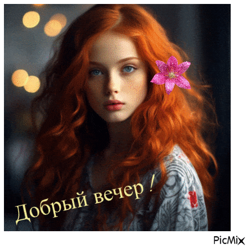Открытка «Пожелание»: Добрый вечер: Рыжеволосая красавица с цветком. Тэги: настроение, радость, женщина, хороший…