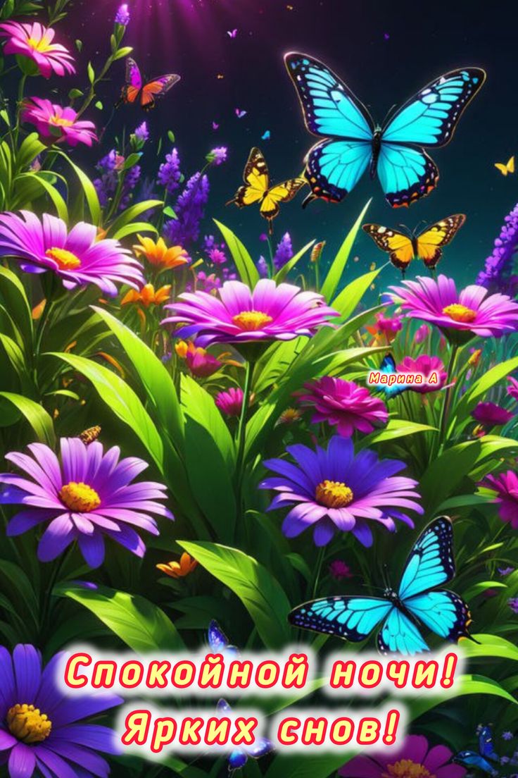 Открытка «Доброй ночи»: Спокойной ночи: яркие цветы и волшебные бабочки. Тэги: Спокойной ночи, Спокойной ночи, красив…