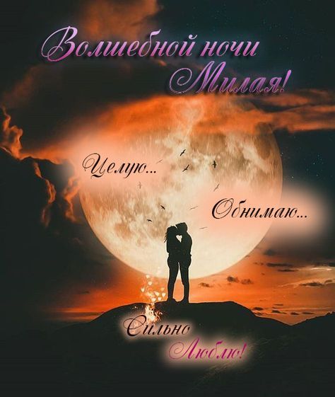 Открытка «Доброй ночи»: Доброй ночи, любимая: романтичная пара и луна. Тэги: Спокойной ночи, любимая женщина, любимая…