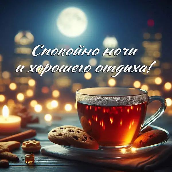 Открытка «Доброй ночи»: Спокойной ночи и хорошего отдыха: открытка с чаем и луной. Тэги: Спокойной ночи, Спокойной но…