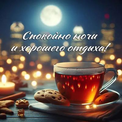 Открытка «Доброй ночи»: Спокойной ночи и хорошего отдыха: открытка с чаем и луной. Тэги: Спокойной ночи, Спокойной но…
