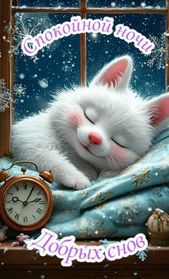 Открытка «Доброй ночи»: Спокойной ночи: милый котик и зимний сон. Тэги: Спокойной ночи, Спокойной ночи, красивые…