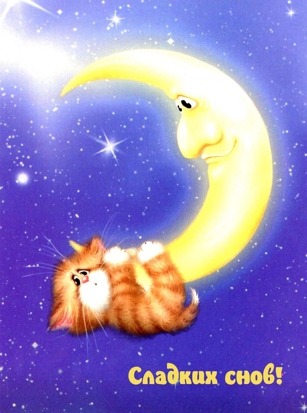 Открытка «Доброй ночи»: Спокойной ночи: Рыжий котик на месяце. Тэги: Спокойной ночи, Спокойной ночи, с пожеланиями…