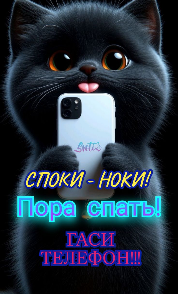 Открытка «Доброй ночи»: Спокойной ночи: прикольный черный кот с телефоном. Тэги: Спокойной ночи, Спокойной ночи…