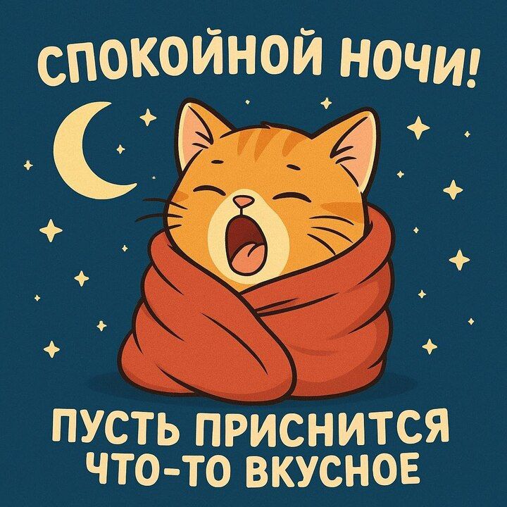 Открытка «Доброй ночи»: Спокойной ночи: прикольный рыжий кот в одеяле. Тэги: Спокойной ночи, Спокойной ночи, с пожела…
