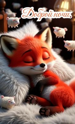 Открытка «Доброй ночи»: Спокойной и доброй ночи: Спящий лисенок и овечки. Тэги: Спокойной ночи, Спокойной ночи…