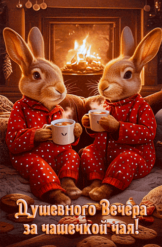 Открытка «Добрый вечер и пожелания»: Душевного вечера: кролики в пижамах у камина. Тэги: Прикольный добрый вечер…