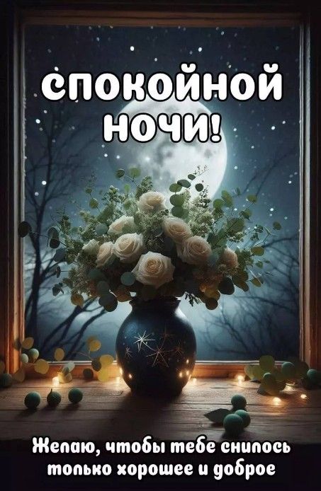 Открытка «Доброй ночи»: Спокойной ночи: нежный букет роз у окна под луной. Тэги: Спокойной ночи, Спокойной ночи…