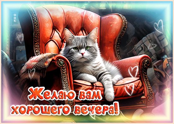 Открытка «Хорошего настроения»: Добрый вечер: Желаю вам хорошего вечера!. Тэги: пожелание, забавный, кот, надпись…