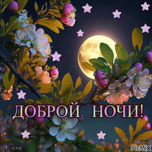 Открытка «Доброй ночи»: Спокойной и доброй ночи: «Луна и весенние цветы».