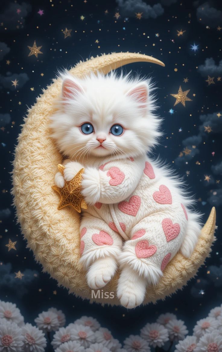 Открытка «Доброй ночи»: Доброй ночи: Милый котенок в пижаме на луне.