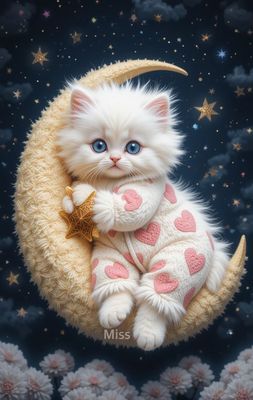 Открытка «Доброй ночи»: Доброй ночи: Милый котенок в пижаме на луне.