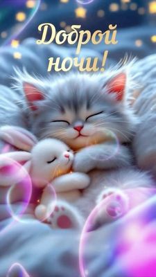 Открытка «Доброй ночи»: Доброй ночи: Милый котенок с игрушкой обнимается во сне. Тэги: Спокойной ночи, Спокойной ночи…