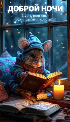 Открытка «Доброй ночи»: Доброй ночи: Мышонок с книгой у окна. Тэги: Спокойной ночи, Спокойной ночи, с пожеланиями…