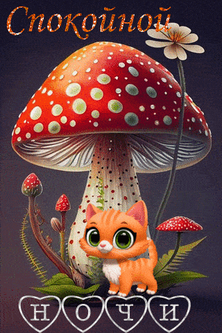 Открытка «Доброй ночи»: Спокойной ночи: милый рыжий кот под мухомором. Тэги: Спокойной ночи, Спокойной ночи, красивые…