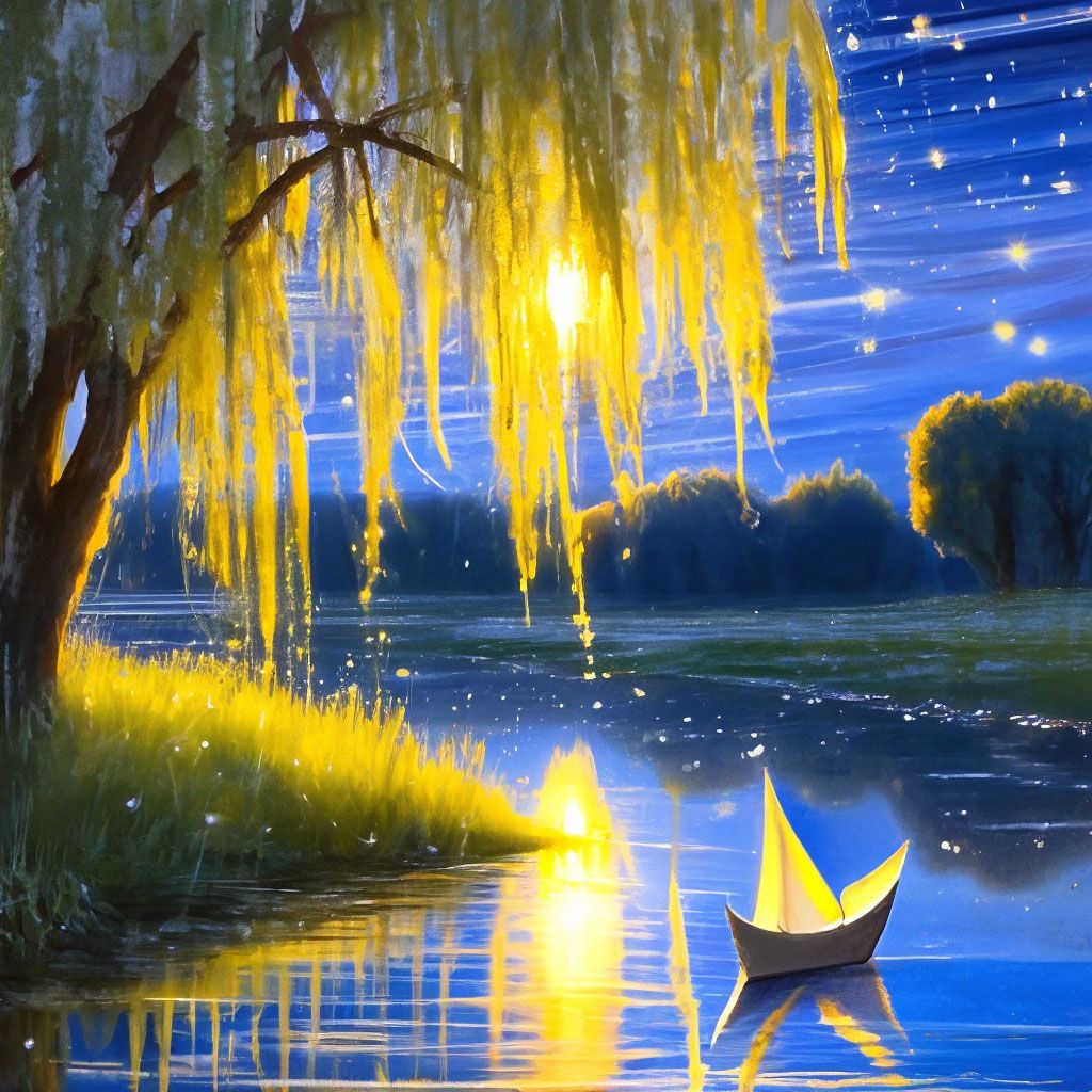 Открытка «Доброй ночи»: Доброй ночи: Волшебный пейзаж с корабликом у реки. Тэги: Спокойной ночи, Спокойной ночи…