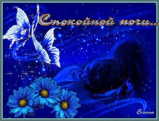 Открытка «Доброй ночи»: Спокойной ночи: Романтика, синие бабочки и цветы.