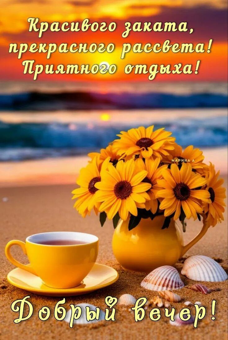 Открытка «Добрый вечер и пожелания»: Добрый вечер: на берегу моря с чашкой чая. Тэги: Добрый вечер красивые, Добрый в…