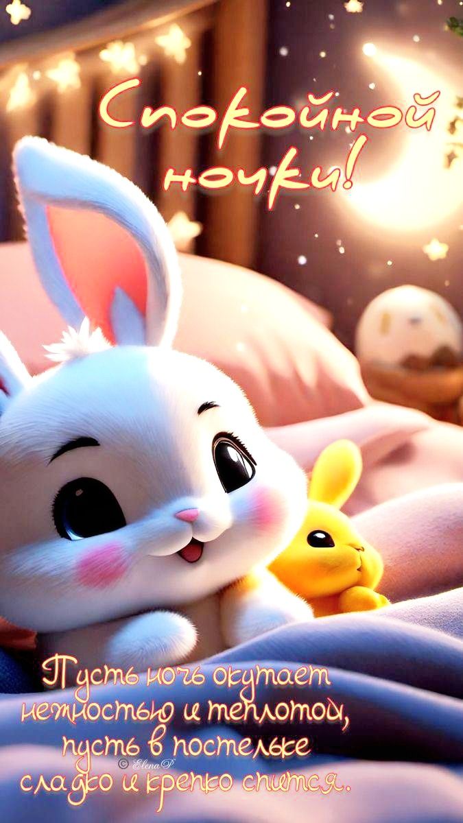 Открытка «Доброй ночи»: Доброй ночи: Милый зайка и пожелание сладких снов. Тэги: Спокойной ночи, Спокойной ночи…