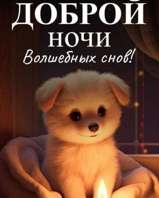 Открытка «Доброй ночи»: Доброй ночи: милый песик и волшебные сны. Тэги: Спокойной ночи, Спокойной ночи, с пожеланиями…