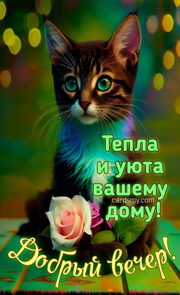 Открытка «Добрый вечер и пожелания»: Добрый вечер: милый котик и пожелание уюта. Тэги: Добрый вечер красивые, Добрый…