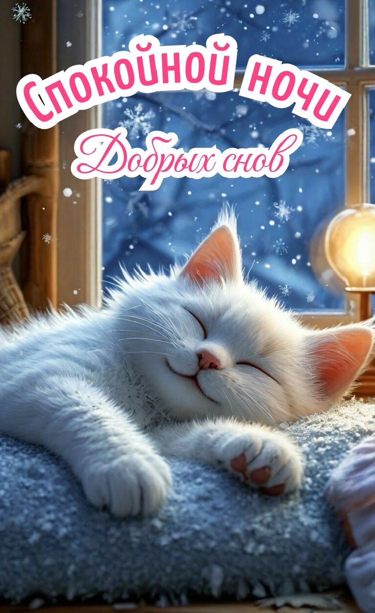 Открытка «Доброй ночи»: Спокойной ночи и добрых снов: милый белый котенок. Тэги: Спокойной ночи, Спокойной ночи…