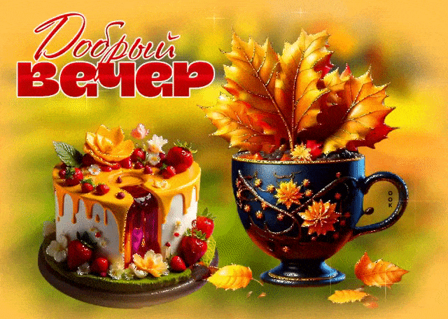 Открытка «Добрый вечер и пожелания»: Добрый вечер: осенний уют с чаем и тортом. Тэги: Доброго вечера и хорошего настр…