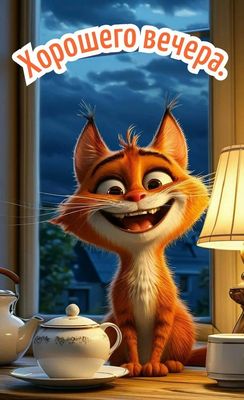 Открытка «Добрый вечер и пожелания»: Добрый вечер с весёлым котом и чаепитием. Тэги: Прикольный добрый вечер, Добрый…