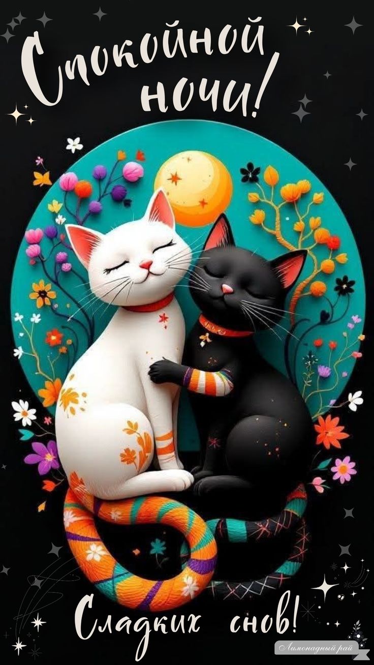 Открытка «Доброй ночи»: Спокойной ночи: Влюбленные котики и луна. Тэги: Спокойной ночи, Спокойной ночи, с пожеланиями…