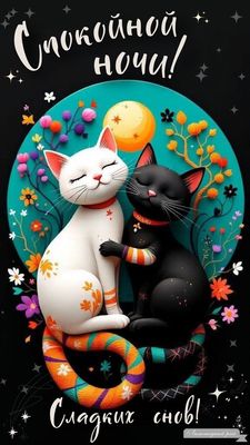 Открытка «Доброй ночи»: Спокойной ночи: Влюбленные котики и луна. Тэги: Спокойной ночи, Спокойной ночи, с пожеланиями…