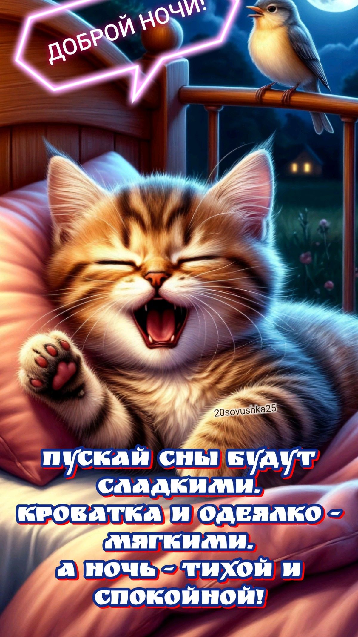 Открытка «Доброй ночи»: Доброй ночи: милый котик и сладкие сны. Тэги: Спокойной ночи, Спокойной ночи, с пожеланиями…