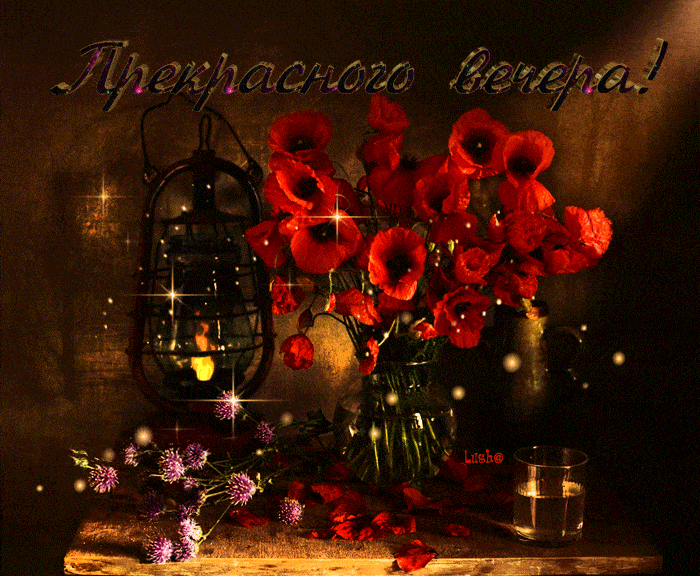 Открытка «Добрый вечер и пожелания»: Добрый вечер: Красивая открытка с маками и фонарем. Тэги: Доброго вечера и хорош…