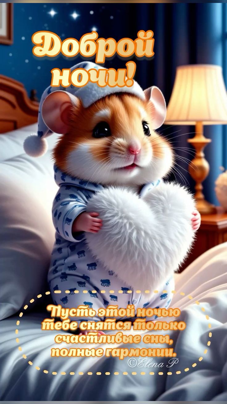 Открытка «Доброй ночи»: Спокойной ночи: милый хомячок и пожелание счастья. Тэги: Спокойной ночи, Спокойной ночи…