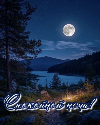 Открытка «Доброй ночи»: Спокойной ночи: Луна над тихим озером в горах.