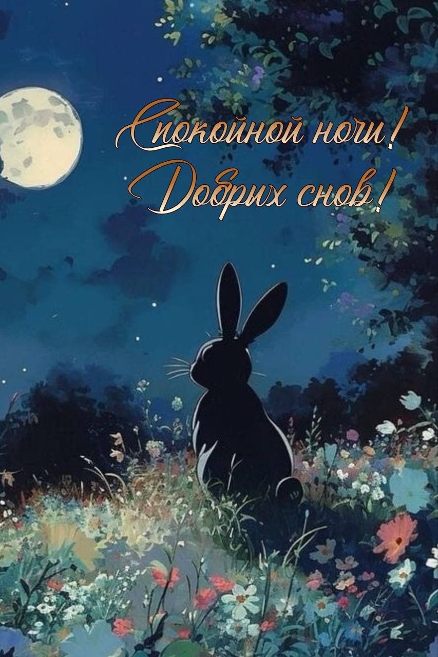 Открытка «Доброй ночи»: Спокойной ночи: «Зайка на цветочном поле» под луной. Тэги: Спокойной ночи, Спокойной ночи…