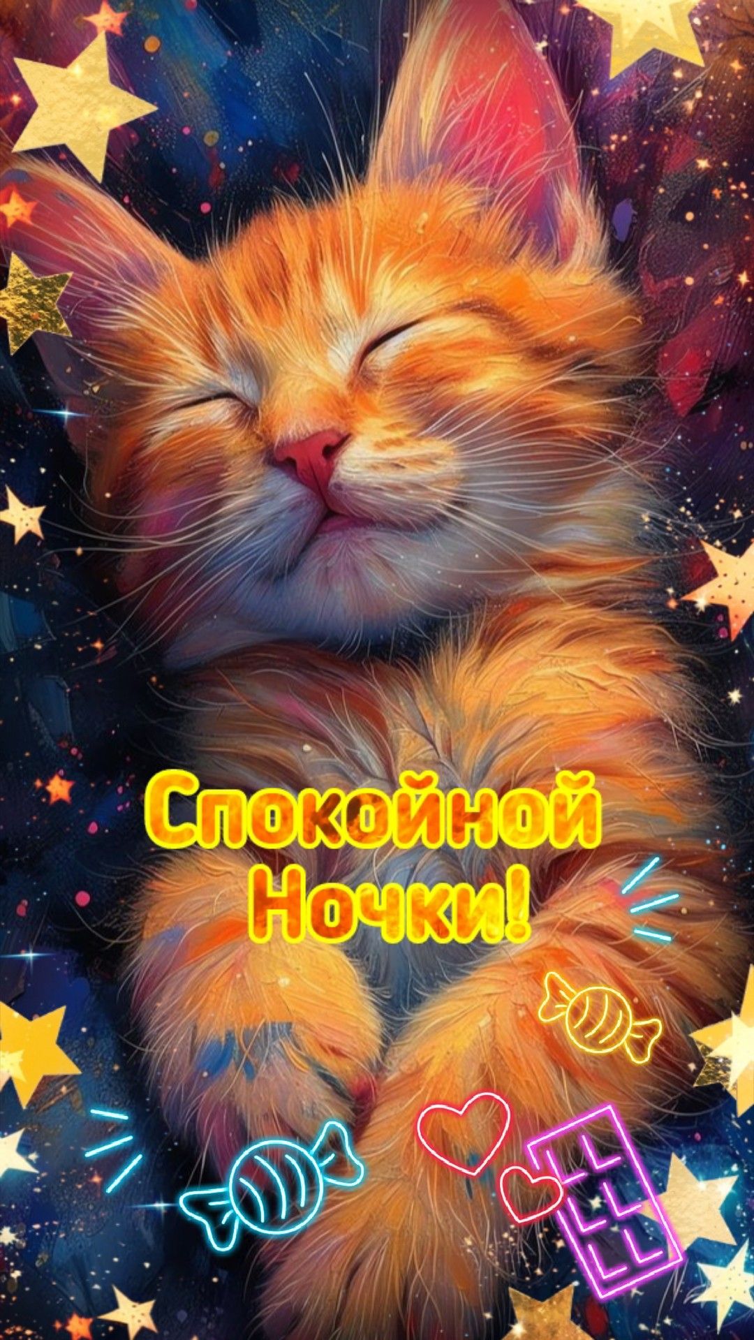 Открытка «Доброй ночи»: Спокойной ночи: рыжий котенок в звездном небе. Тэги: Спокойной ночи, Спокойной ночи, красивые…