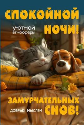Открытка «Доброй ночи»: Спокойной ночи! Замурчательных снов с котом и собакой.