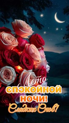 Открытка «Доброй ночи»: Спокойной ночи! Сказочный летний букет роз. Тэги: Спокойной ночи, Спокойной ночи, красивые…