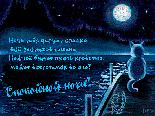 Открытка «Доброй ночи»: Доброй ночи: открытка с котиком на причале. Тэги: Спокойной ночи, причал, Спокойной ночи…