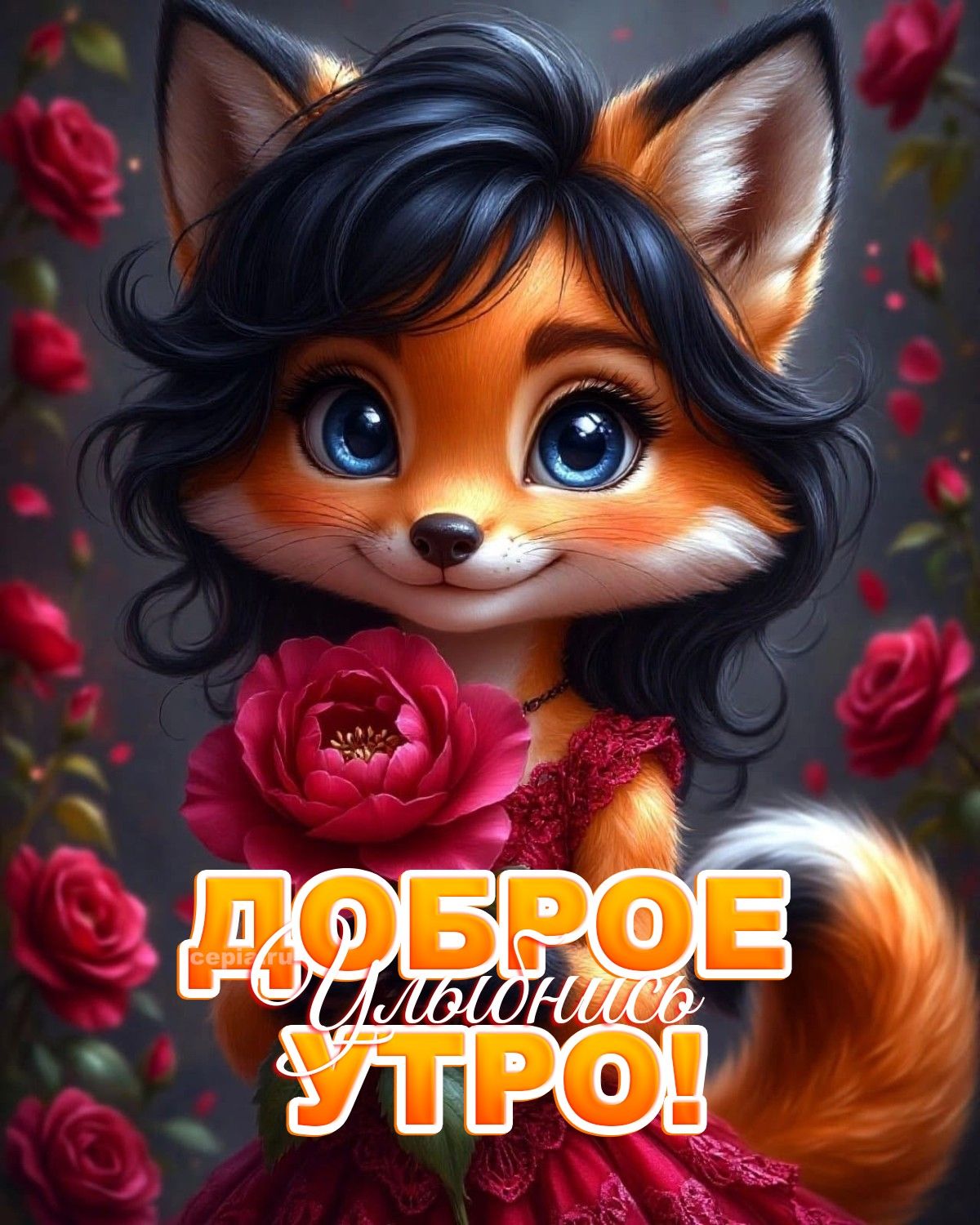 Открытка «С добрым утром»: Доброе утро! Улыбнись с милой лисичкой и розами.. Тэги: животное, пожелание, позитивная…