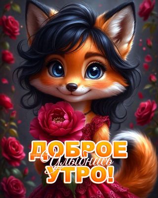 Открытка «С добрым утром»: Доброе утро! Улыбнись с милой лисичкой и розами.. Тэги: животное, пожелание, позитивная…