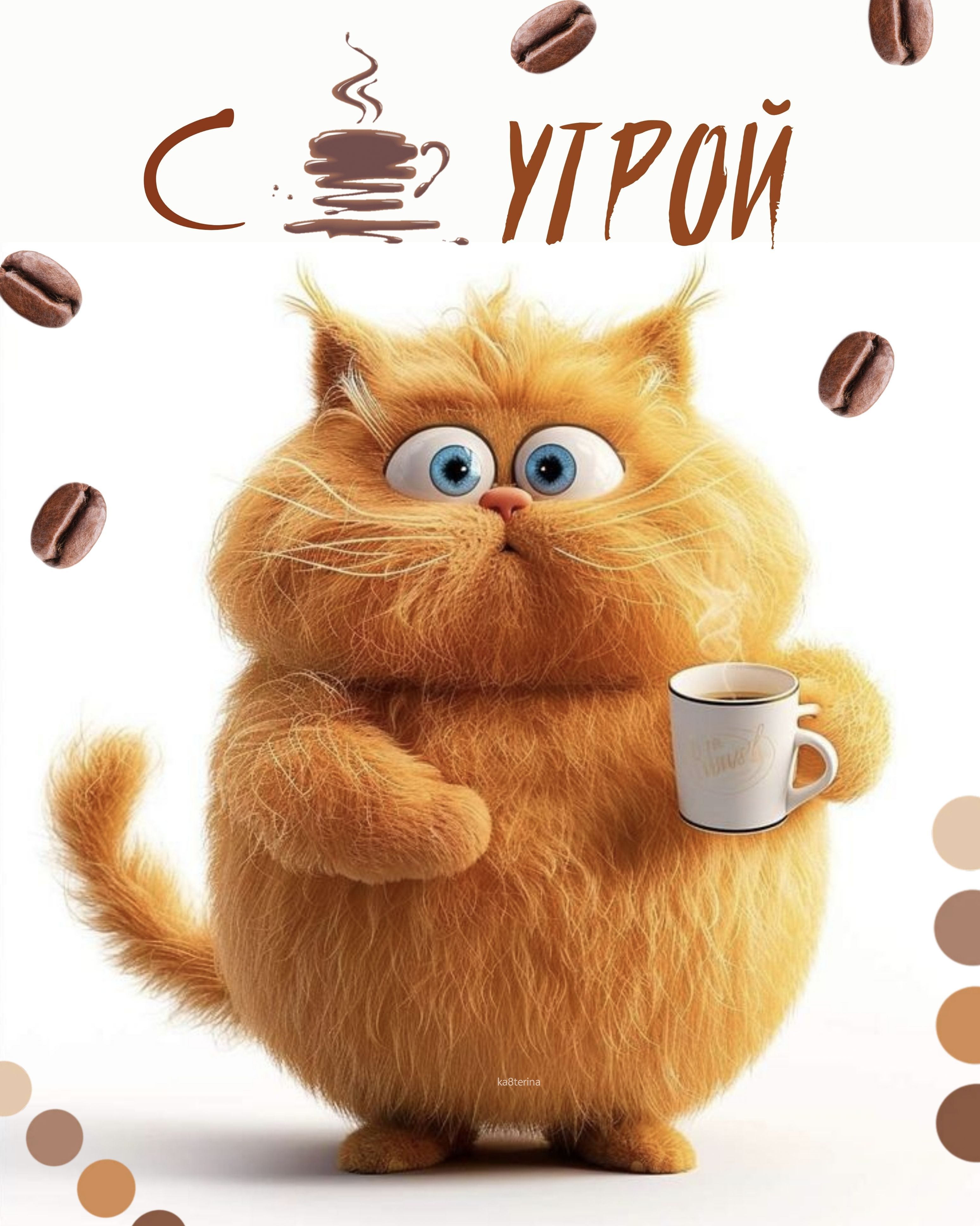 Открытка «С добрым утром»: С добрым утром! Милый кот с чашкой кофе.. Тэги: Добрый день, С добрым утром, для поднятия…