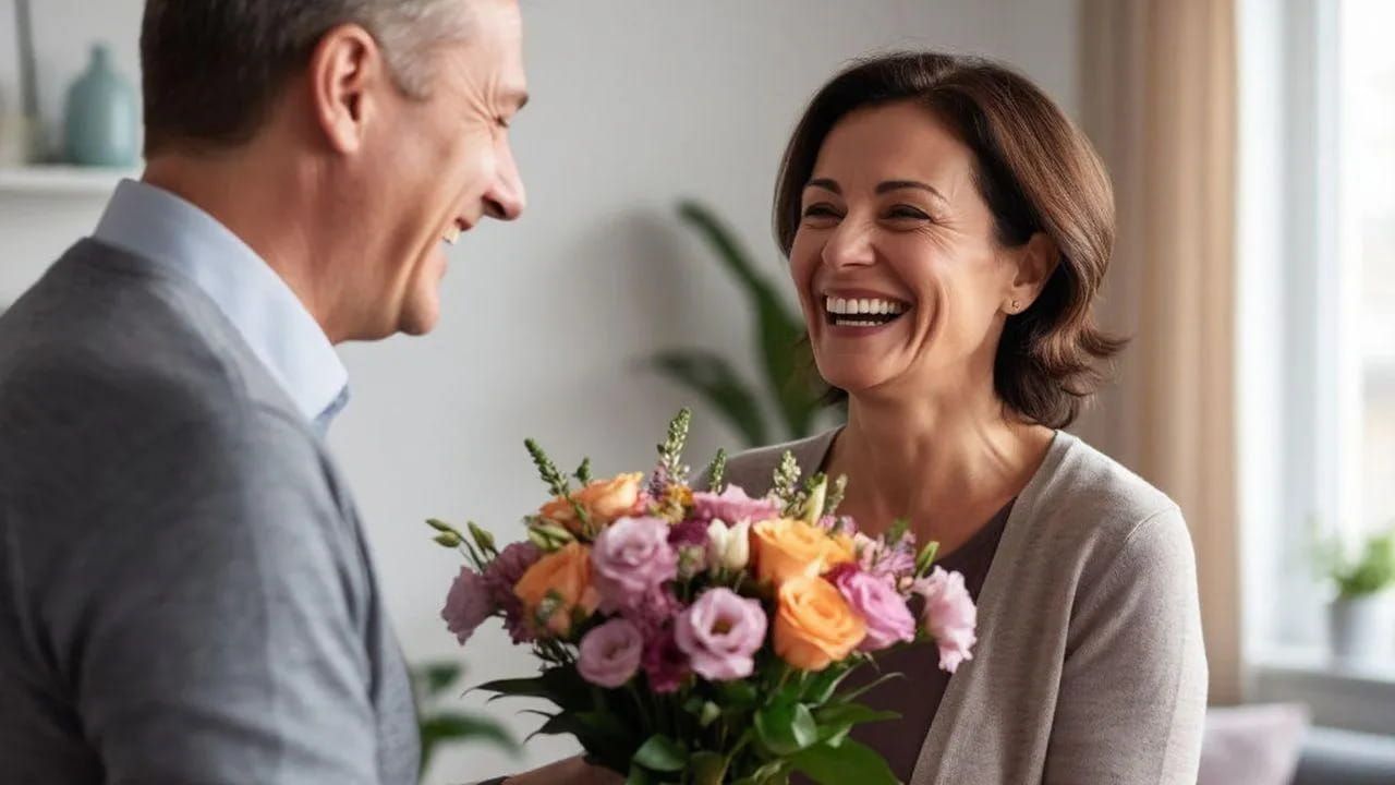 Открытка «С добрым утром»: С добрым утром! Счастье в букете и улыбках. Тэги: пожелание, улыбка, утро, любимому…