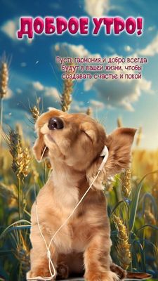 Открытка «С добрым утром»: Доброе утро! Гармония и счастье с милым щенком. Тэги: животное, пожелание, позитивная…