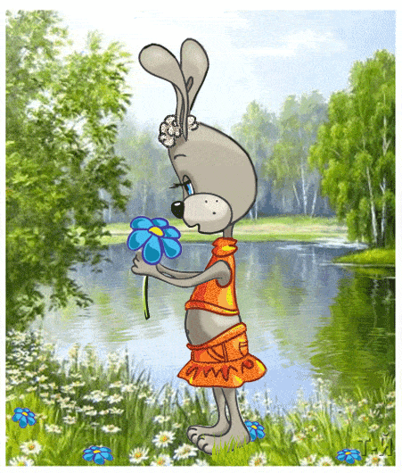 Открытка «С добрым утром»: Доброе утро с милым зайчиком и весенним цветком. Тэги: хорошего дня, животное, пожелание…